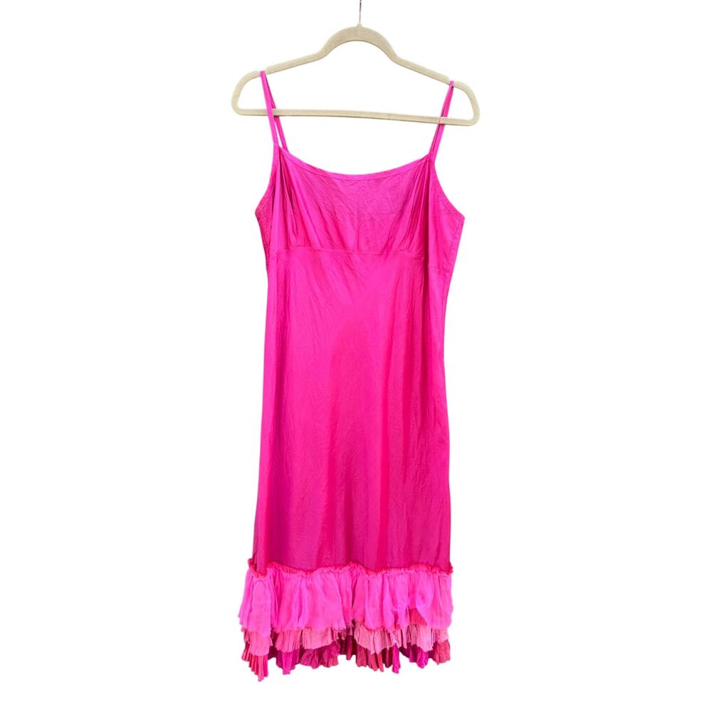 Dosa Hot Pink Silk Slip Tiered Hem Midi Dress 3 Large L